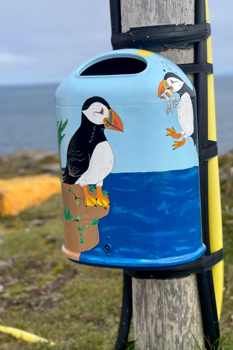 Hellblauer Mülleimer an einem Holzpfahl in Island, bemalt mit zwei Papageientauchern vor einer Meereskulisse.