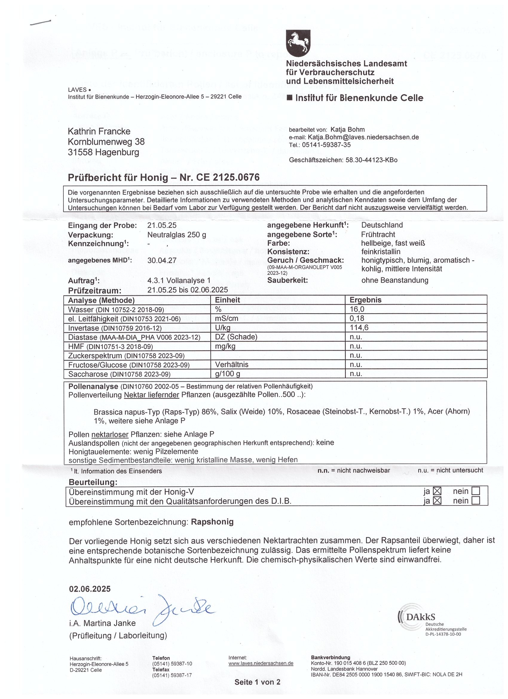 Honiganalyse Frühtracht 2025, AFB