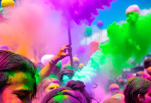 Menschen feiern Holi in Indien zwischen bunten Farbpulverwolken Menschen feiern Holi in Indien zwischen bunten Farbpulverwolken