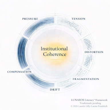 framework showing institutional coherence and systemic dynamics including pressure, tension, distortion, fragmentation, drift