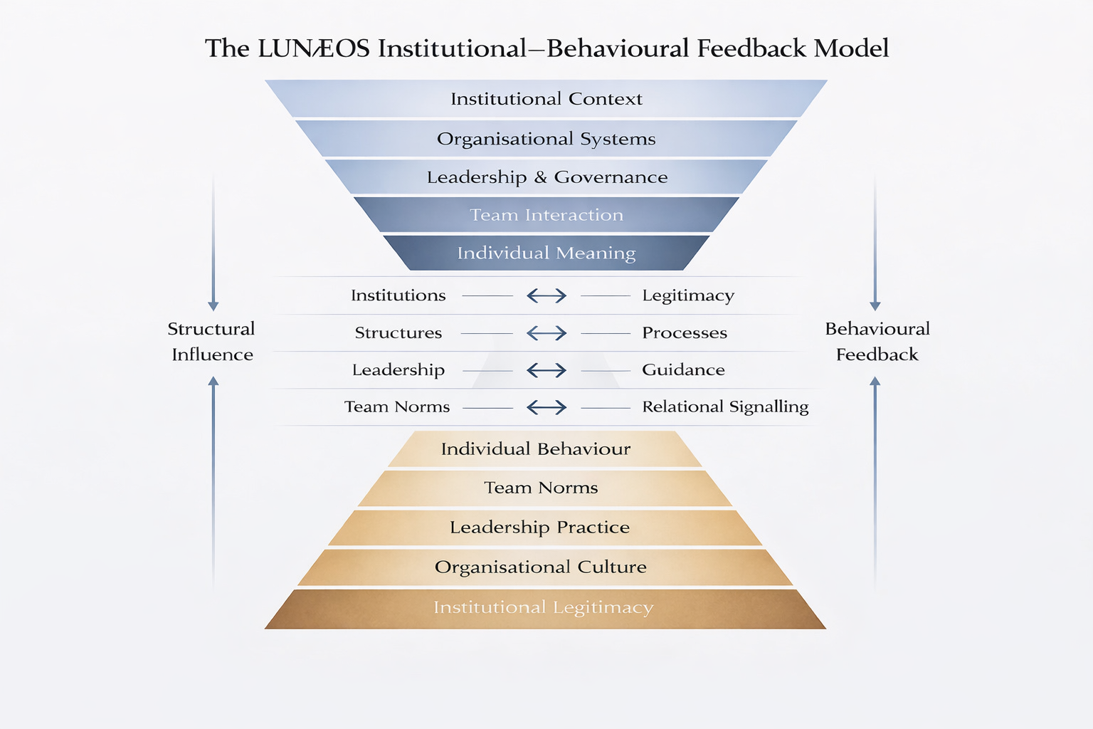 Hourglass diagram illustrating a theoretical framework of institutional recognition, showing fragmented signals across domain