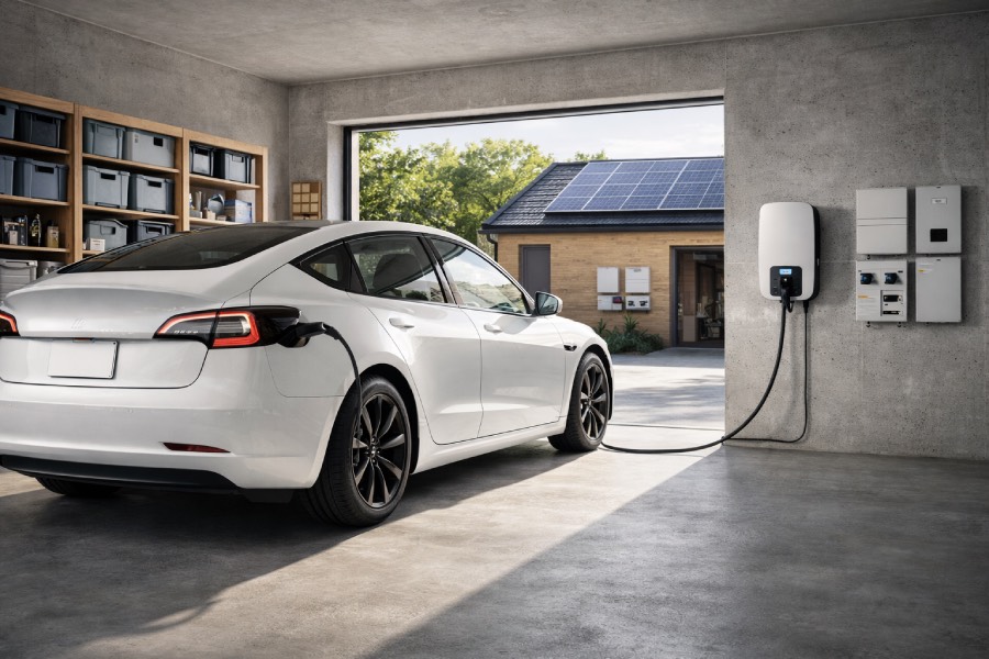 Weißes Elektroauto lädt in moderner Garage