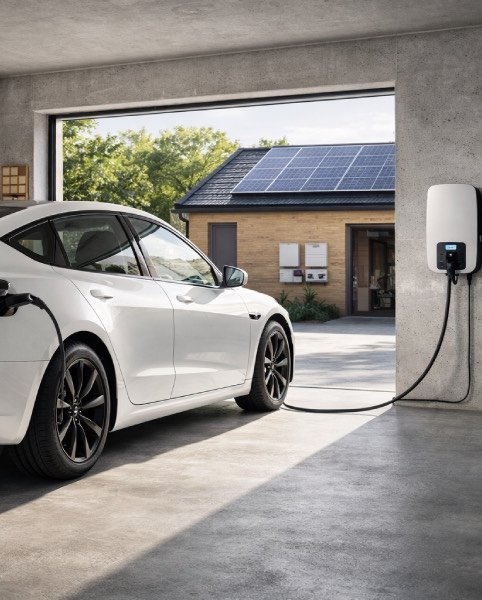Weißes Elektroauto lädt in moderner Garage Weißes Elektroauto lädt in moderner Garage
