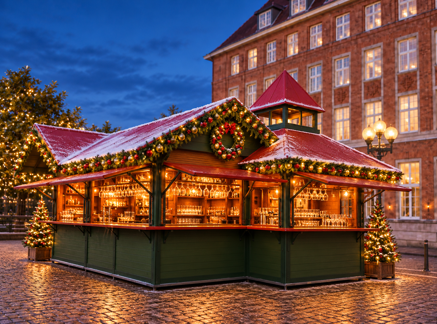 Weihnachtsmarkthütte im warmen Lichterglanz