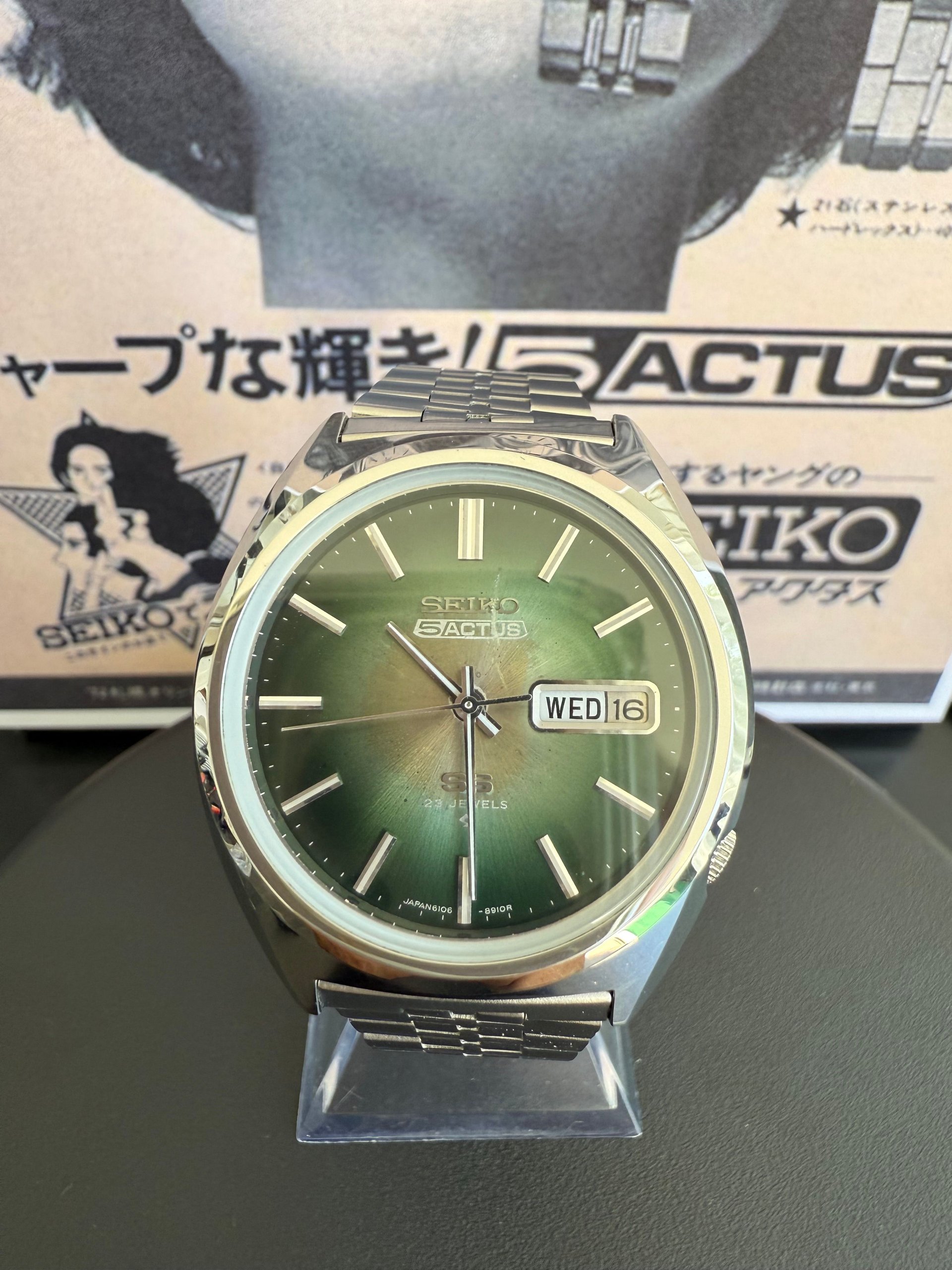 Seiko 5Actus day/date SS 23 jewels 6106-8670 green dial good