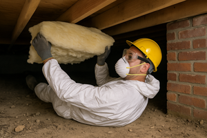Monteur in beschermende kleding plaatst isolatiemateriaal onder houten vloer in kruipruimte