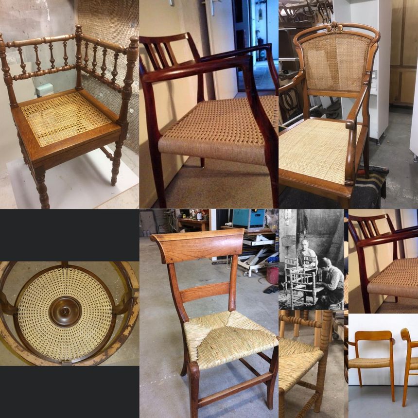 Collage van matten en biezen van stoelen