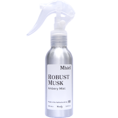 Robust Musk Ambery Mist van Mhiel in 100ml zonder achtergrond, aluminium Woody 10% concentratie, doorzichtige spray