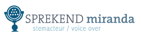 Logo Sprekend Miranda. Links een microfoon en onder de bedrijfsnaam staat stemacteur/voice-over