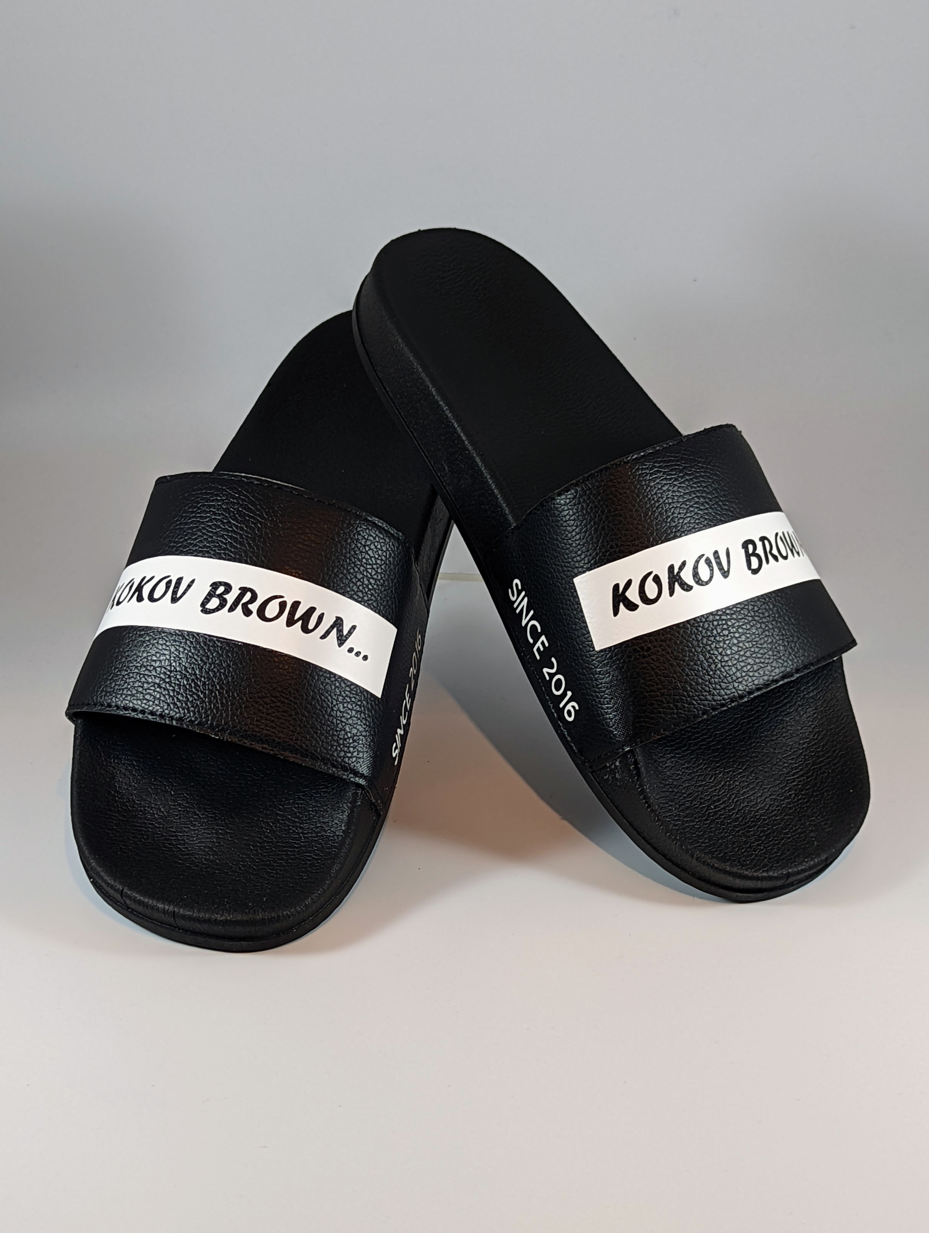 Ladies black sliders with white logo design Kokov Brown