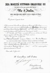 Certificate to the Italian knighthoodorder of the crown - 1905