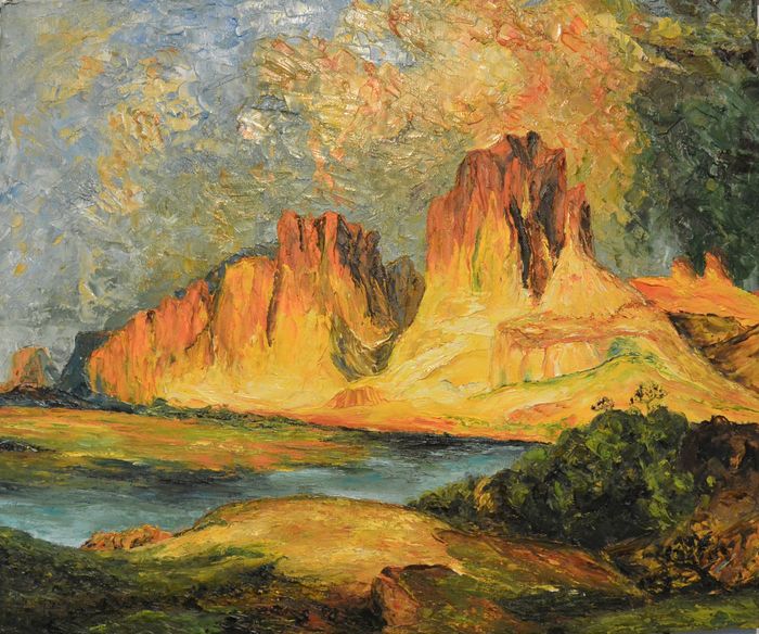 HA0001- 180€ - Jamais je n'oublierai ... L'espérance est un emprunt fait au bonheur. (Joseph  Joubert) Lac Powell. (Huile au couteau 46/38)