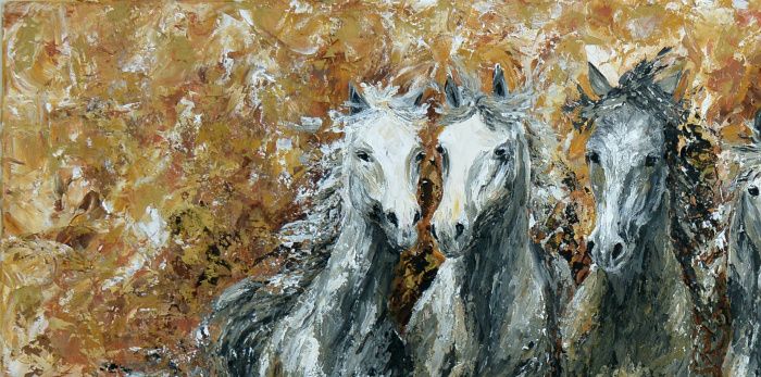 AE0005- 600€ - Comment vous décrire cette petite émotion qui m’étreint lorsque je m’approche d’un cheval. Quand nos regards se croisent, le temps s'arrête. Mon cœur se serre, mon esprit s'embrume, le monde qui m'entoure s'efface et une douce douleur, au plus profond de moi-même, me pénètre. Soudain je ne suis plus moi, je suis LUI. (Acrylique au couteau 50/100) 
