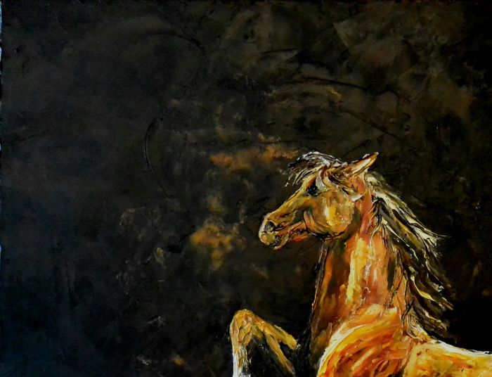 AE0015 - 350€ - Balzane une, cheval de fortune 
Balzane deux, cheval de gueux 
Balzane trois, cheval de roi 
Balzane quatre, cheval à abattre.
Avec ou sans balzane ils sont au plus profond de mon âme.
(Huile au couteau 50/65)
