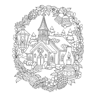sneeuw, kerst, kerk, bellen kleurplaat 