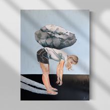 Figurativ maleri på 90x120 cm. blå farver "Byrden ung pige"
