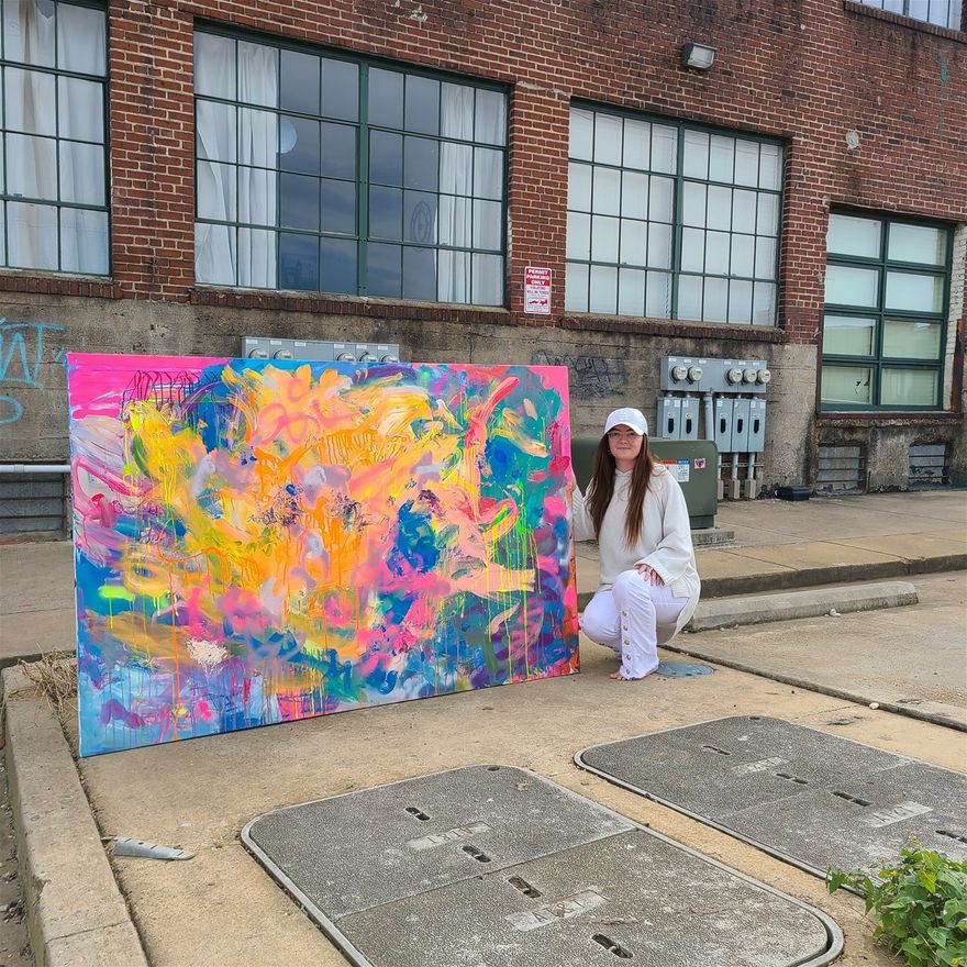 The Artist with 400 + 1 Reasons to Have Faith, 72 by 48 inches, Acrylic, Spray Paint, Plaster Cast, Oil Pastel on Canvas, Available for Purchase