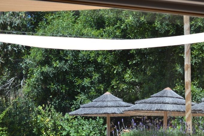 ZICHT VANUIT DE KEUKEN NAAR HET ZWEMBAD EN DE TUIN