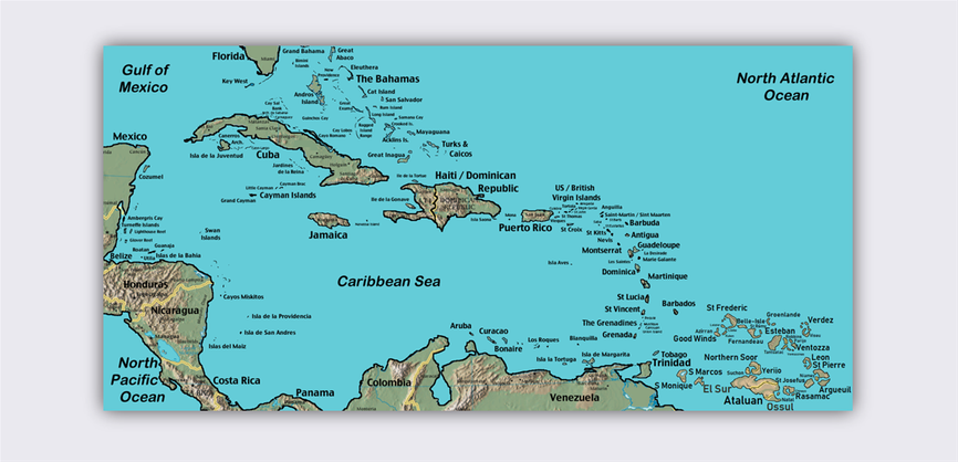 Les Îles Sour se regroupent autour de deux baies, appelées la Baie du Grand-Tatébou à l'Ouest et la Baie du Petit-Tatébou à l'Est. Trinité-et-Tobago ainsi que la Grenade forment la jonction géographique entre les Petites Antilles à l'Ouest et les Îles Sour à l'Est.