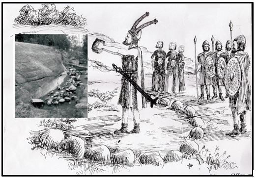 Illustrasjon som viser en tenkt rituell handling hvor vi ser en prest eller sjaman som kaster et mat- eller drikkeoffer mot ristningsberget. Innfelt er et foto tatt på Hornnes (Post-Hornnes) feltet og som viser steinlegningen ved foten av berget, slik arkeologene fant det ved utgravninger her på slutten av 1970 og begynnelsen av 1980 tallet. Kilder: Sarpsborg Arbeiderblad 1983 og Øystein Johansen.