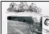 Illustrasjon som viser en tenkt rituell handling hvor vi ser en prest eller sjaman som kaster et mat- eller drikkeoffer mot ristningsberget. Innfelt er et foto tatt på Hornnes (Post-Hornnes) feltet og som viser steinlegningen ved foten av berget, slik arkeologene fant det ved utgravninger her på slutten av 1970 og begynnelsen av 1980 tallet. Kilder: Sarpsborg Arbeiderblad 1983 og Øystein Johansen.