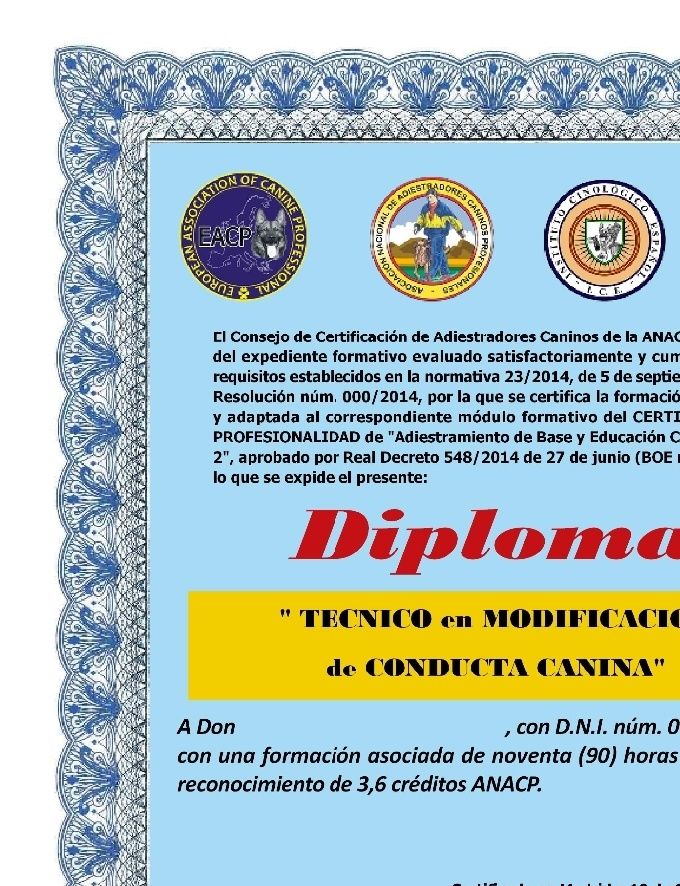 Modelo de Diploma certificado de Técnico en Modificación de Conducta Canina