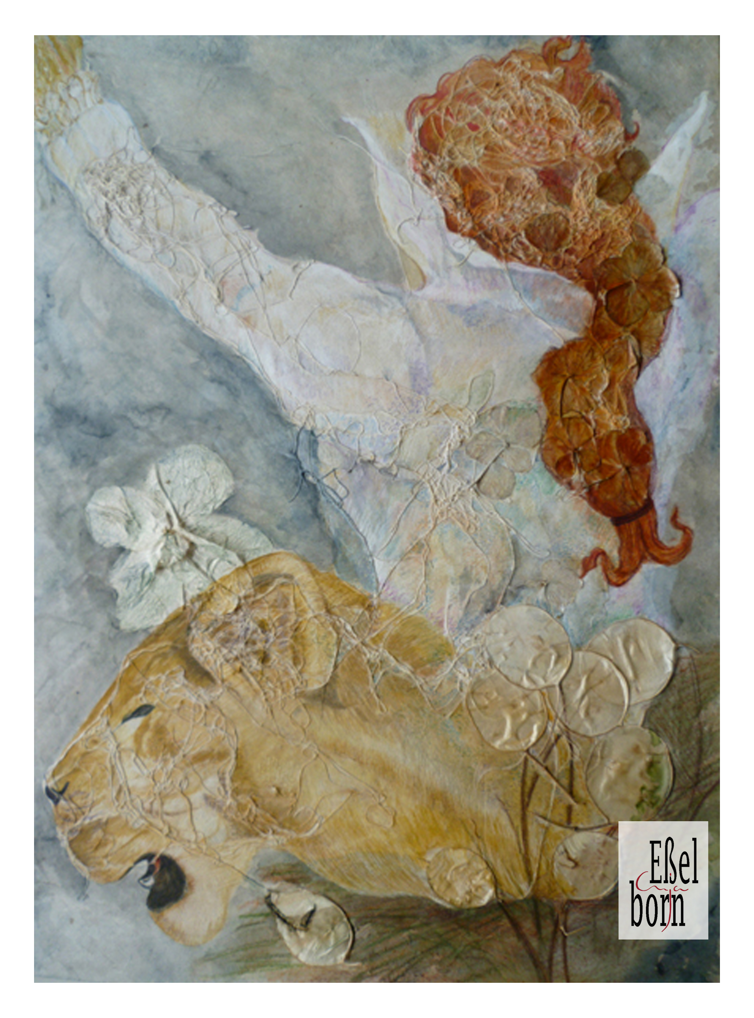 Die_Kraft_der_Löwin_Aquarell_Farbstift_Pflanzenteile_Fäden_2013_40*3