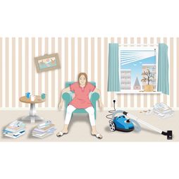 depressie huiskamer rommelig moe futloos stofzuiger kranten uitgeput
