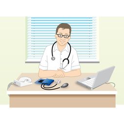 copd vriendelijke huisarts spreekkamer bureau laptop bloeddruk meten telefoon stethoscoop