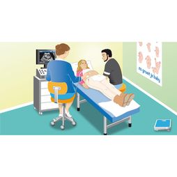 verloskundige echo beeldscherm behandeltafel zwangerschap buik vriend weegschaal
