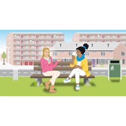 flats huizen nieuwbouwwijk vriendinnen praten gesprek ijsje frisdrank bankje prullenbak gras