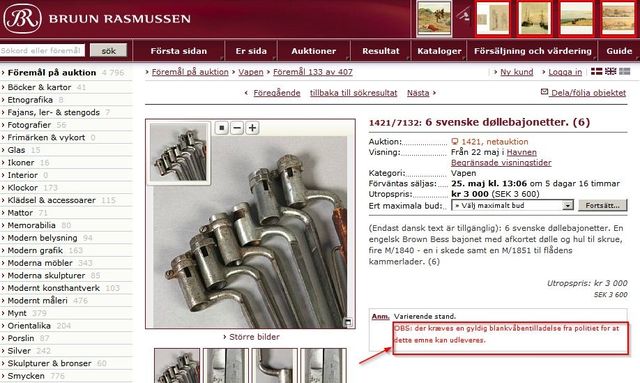 Exempel: Gamla hylsbajonetter som kräver tillstånd..