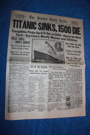 TITANIC
Avis fra The Boston Daily Globe 16 April 1912.
Avisen er ikke kopi eller reprint,men Orginal fra 1912.