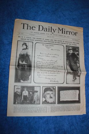 TITANIC
Avis fra The Daily Mirror 18 April 1912.
Avisen er ikke kopi eller reprint,men Orginal fra 1912.
