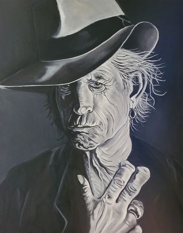 Keith Richards, olie op doek, 80x100cm. 850 euro ( inclusief houten ba