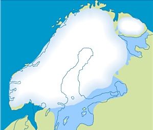 Baltian jääjärvi ; Icelake of Baltia  noin 14500-11300 vuotta sitten, syntyi viimeisen Veiksel jääkauden sulamisvesistä