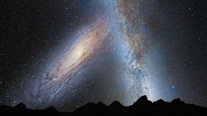 Kuvassa on Maan yötaivas 3,75 miljardin vuoden kuluttua kun Andromeda (vas.) lähestyy Linnunrataa.