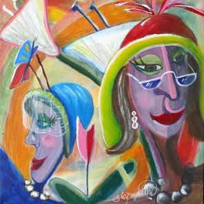 Vänninor i våren/Friends in the Spring.  Akryl på duk 48x48 cm