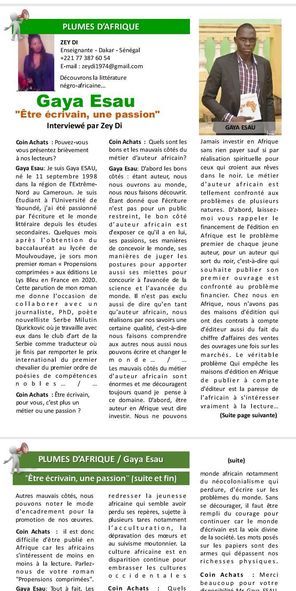 Un très bel article sur le jeune écrivain camerounais Gaya Esau paru récemment dans Plumes d'Afrique