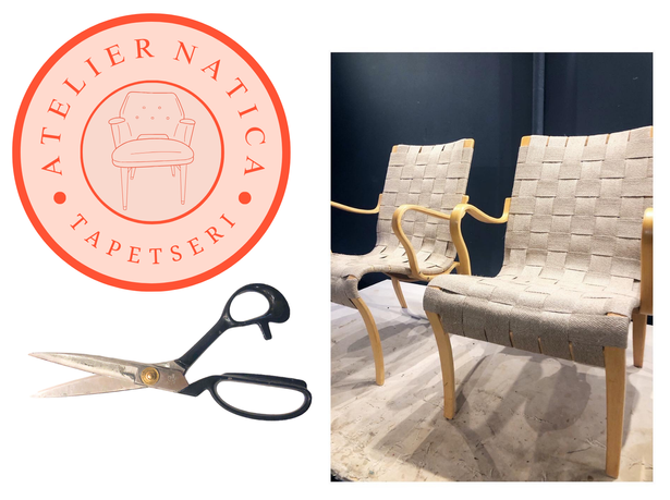 Tapetserare i bromma, omklädsel av Bruno Mathsson flätade fåtöljer med sadelgjord, Eva fåtölj, Mira fåtölj  - Atelier Natica