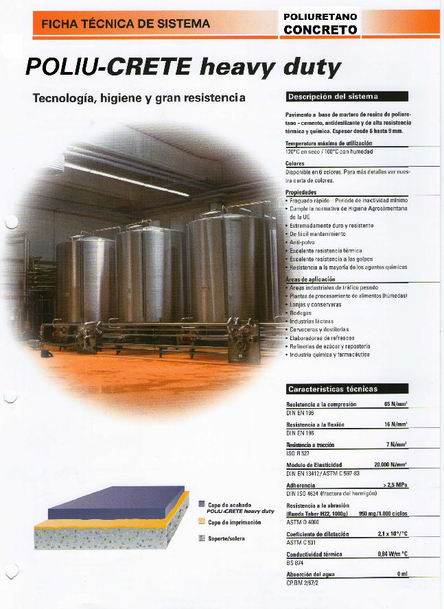 REVESTIMIENTOS PARA LISOS INDUSTRIALES 
EN POLIU-CRETE DE 3,0 MM, 6,0 MM Y 9,0 MM
PARA TODAS LAS APLICACIONES QUIMICAS Y
DE TEMPERATURAS EXTREMAS HASTA -45° C.