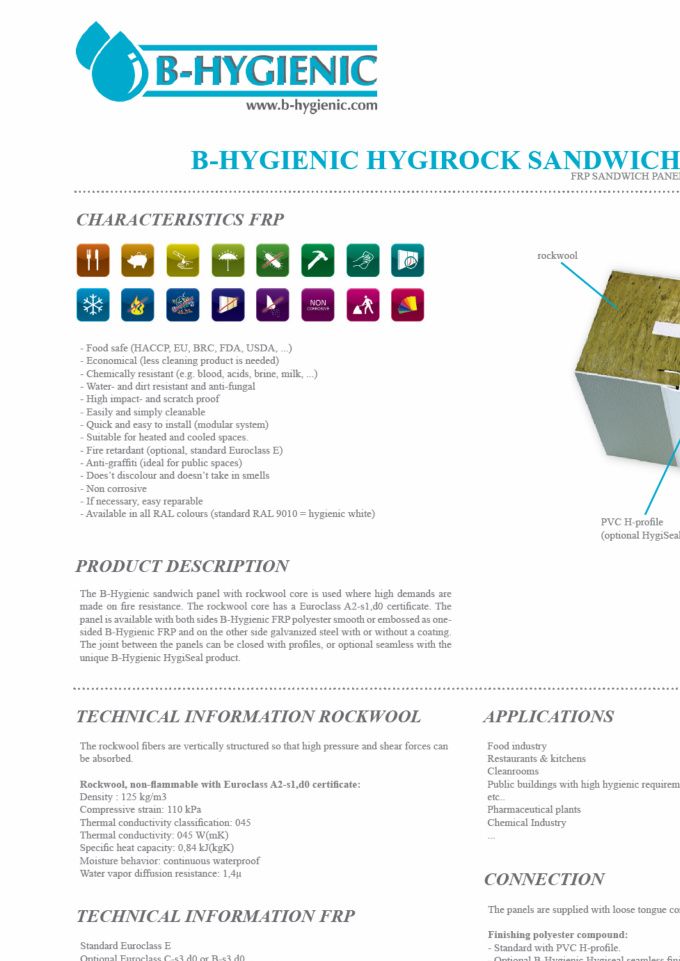 HYGI-ROCK 
PANEL SANITARIO PLASTIFICADO EN FRP LISO O GOFRADO
CON ALMA-NÚCLEO DE FM FIBER LINE - LANA MINERAL FR
HOJA TECNICA - ESPECIFICACIONES - DIMENSIONES  