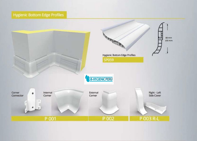 Zócalo, rodapie, contra-zócalo, plintos de PVC sanitario con labio flexible en los extremos y cuerpo rigido en el núcleo, facil de instalar, mantiene la asepcia en los recintos y habitaciones...