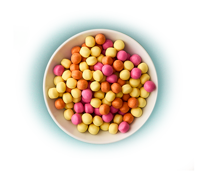 product picture of chews and mini-chews in orange, lemon, strawberry and peppermint flavour