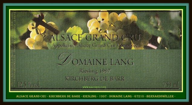ALSACE GRAND CRU - KIRCHBERG DE BARR - RIESLING - 1997 - DOMAINE LANG - 67210 - BERNARDZWILLER -
- Trois cépages autorisés :Riesling - Gewurztraminer et Pinot gris - Sur la commune de Barr -  