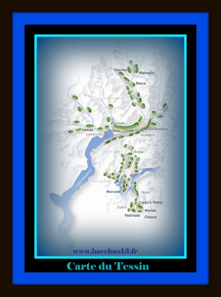  Carte de la suisse Italienne - ( Tessin ).

Située dans la partie Méridionale de la confédération Helvétique , c'est la quatrième région Suisse productrice de vins .

Les vignobles du TESSIN sont surtout localisés dans la région de SOTTOCENERI , près du lac de LUGANO et dans le SOPRACENERI sur les deux rives du TESSIN et au Nord du Lac Majeur .

Le MERLOT y tient une place importante ( Merlot del TICINO ) - Il s'est imposé dans cette région surtout depuis la seconde guerre mondiale .

 Le climat lui est très favorable et donne des vins corsés , sans excès , souples et fruités .

 Le Merlot est aussi vinifié en rosé et produit des vins très agréables .

Les meilleurs vins de Merlot peuvent revendiquer le label 