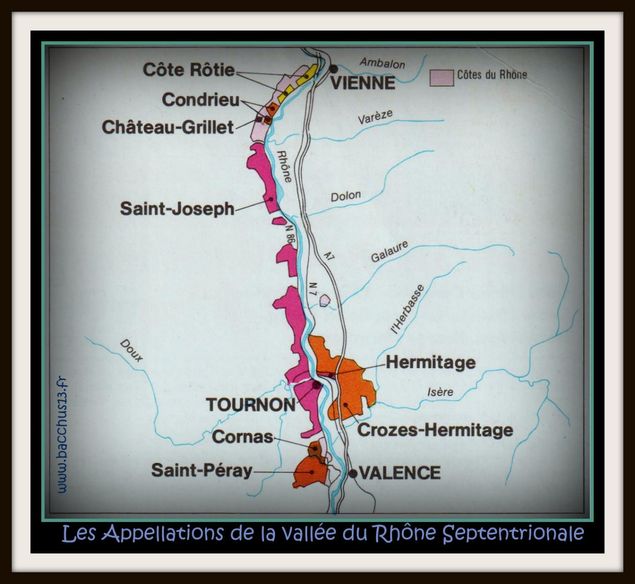 Le Vignoble Septentrional , s'étend d'Ampuis au Nord jusqu'à Valence .
Il est planté sur de petites terrasses surplombant le Rhône . Le sol y est Granitique , décomposé , friable et peu humide .
Le climat est typiquement Lyonnais : des brumes , des étés très chauds et pourtant un air humide .