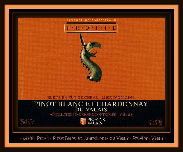 Série - Profile - Pinot Blanc et Chardonnay du Valais - Provins - Valais - La figurine représente une tête de Griffon d' Olympe ( VI ème siècle av. J.C. )