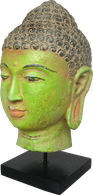 Buddha Head on stand in wood. Size H26, L14, W14 cm. Price Exwork 56.400 IDR. Price FOB 4,40 usd excl packing. Order code CP015.