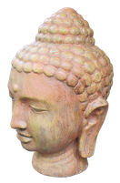 Light yellow/orange Buddha head in cement. Size H36cm. Price Exwork 145.000 IDR. Price FOB 12,00 usd incl packing wooden crate. Order code CP036. Left side